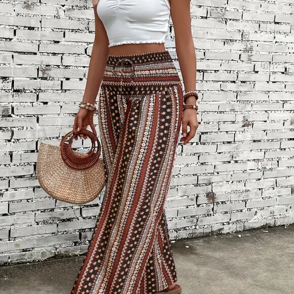 Ethnic Print Tied Shirred Waist Pants, Wide-leg Boho - NWOT - Picture 2 of 3